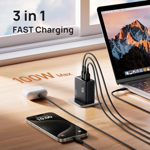 USB C Charger, INIU 3-Port 100W GaN Charger, Compact Foldable PD PPS USB C Wall Charger Block for MacBook Pro/Air, iPad Pro, Galaxy S23, Dell XPS 13, Note 20/10+, iPhone 15/Pro, Steam Deck