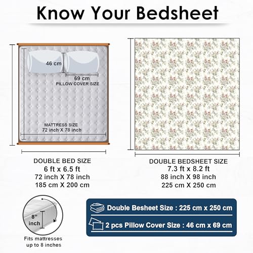 Image of Story@Home 190 TC Cotton Double Bedsheet Set with 2 Pillow Covers | Soft Breathable Fabric | 250 x 225 cm Double Bed Sheet | Off White & Grey Floral Printed Bedding for Bedroom