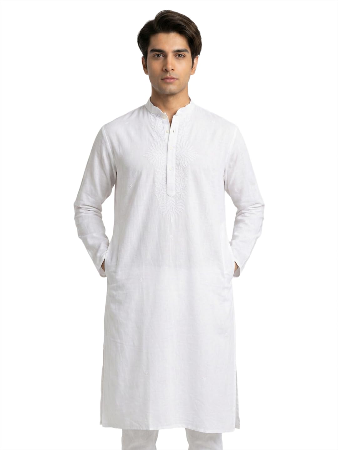 ethnix by raymond Ethnix Men Regular Fit Embroidery Pattern Pure Cotton Stand Collar Full Sleeve Festive Kurta with Churidar (Size: 100)-RTKA02559-W1 White-picture-11