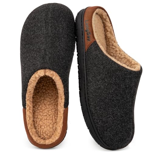 LongBay Men's Fuzzy Sherpa Lined Slippers Warm Memory Foam Non-slip Slippers Slip-on House Shoes for...