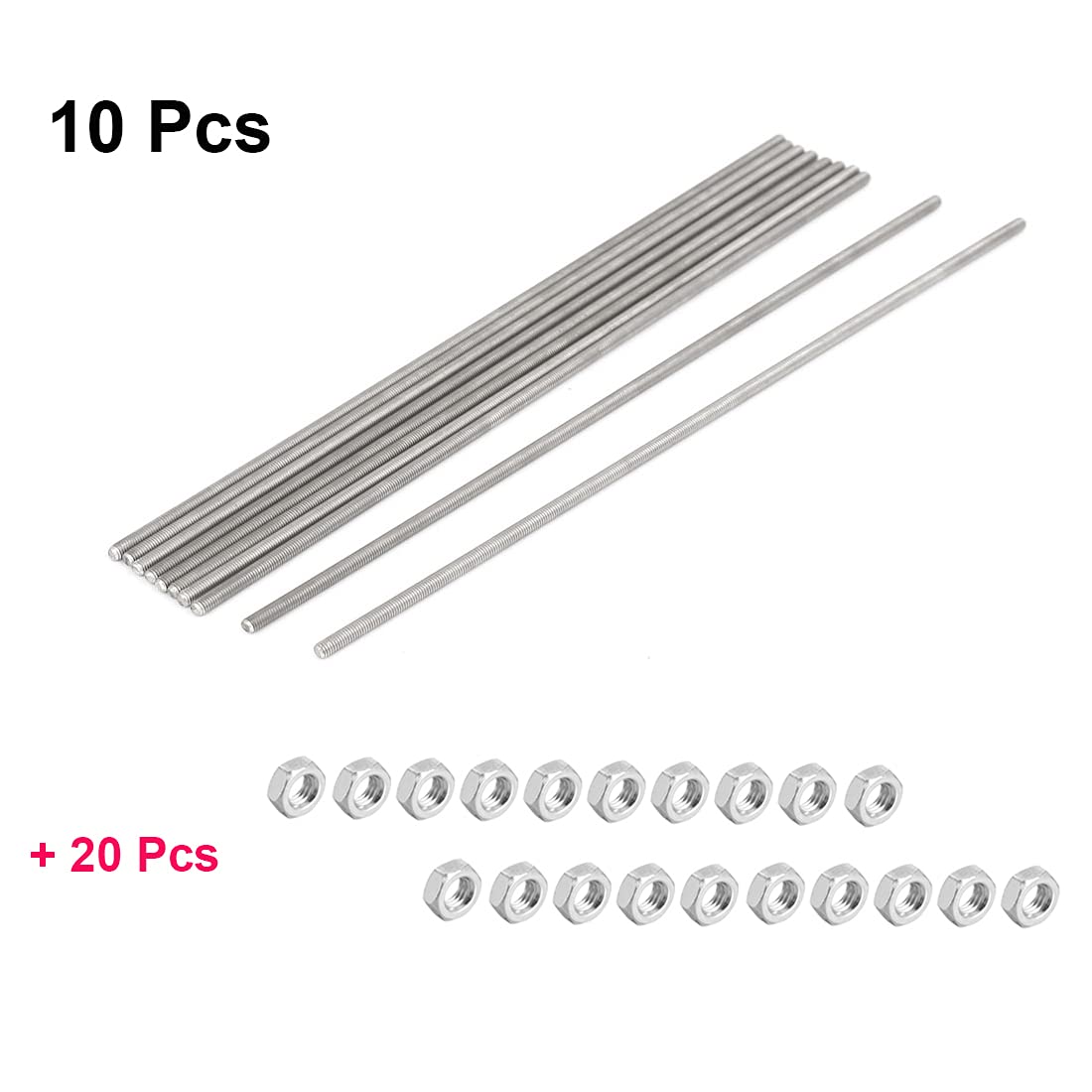 Fully Threaded Rod - 10pcs M3 x 200mm 304 Stainless Steel Threads Bar Studs Rods, 20pcs M3 x 0.5mm Metric Coarse Thread Hex Nuts — Amazon image 3