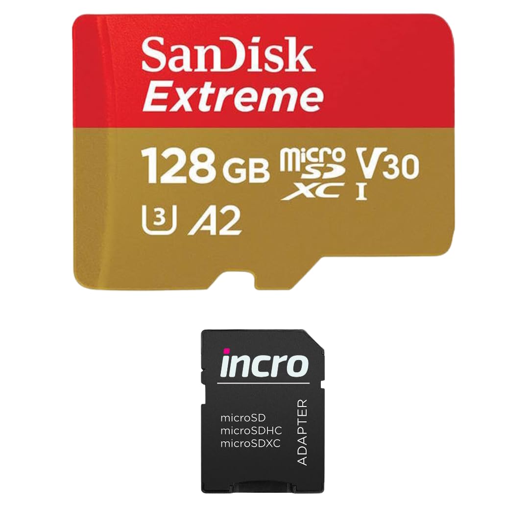 INCRO microSDXC 128GB Extreme microSDXC UHS-I Memory Card up to 190MB/s, C1O, U3, V30 Micro SD Card - SDSQXAA-128G-GN6MN Bundle with (1) INCRO MicroSD Adapter