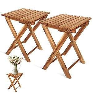 LITADA Small Patio Table (Set of 2) Acacia Wooden Small Table, Side Table, Coffee End Table, Small Square Folding Side Table, Plant Stand Mid Century Easy Assembly Modern Home Decor (Natural Color)