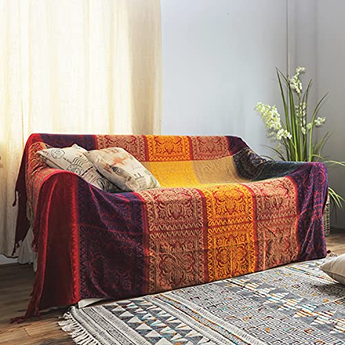 Cueerbot Bohemian Throw Blankets Colorful Boho Sofa Throw Cover Chenille Jacquard Tassels Reversible Woven Aztec Blankets For Couch Bed Red Large 86" X 102" #TOP6