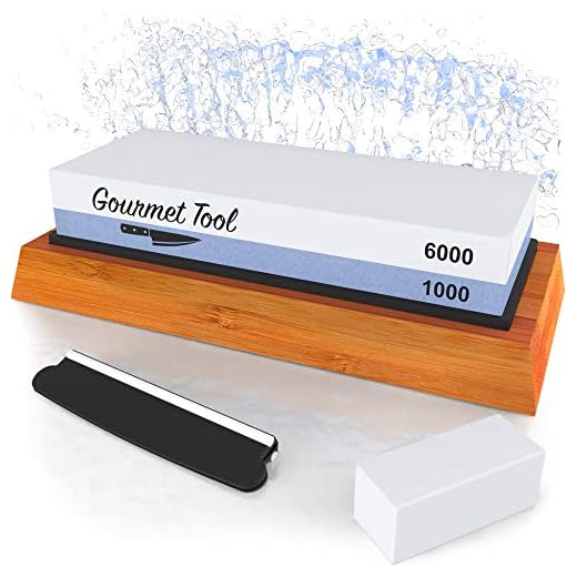 Whetstone Knife Sharpener by Gourmet Tool - 1000/6000 Knife Sharpening Stone - Waterstone Grit with Non-Slip Bamboo Base Flattening Stone and Angle Guide - Best Wet Stone Kitchen Knives Gift Ideas