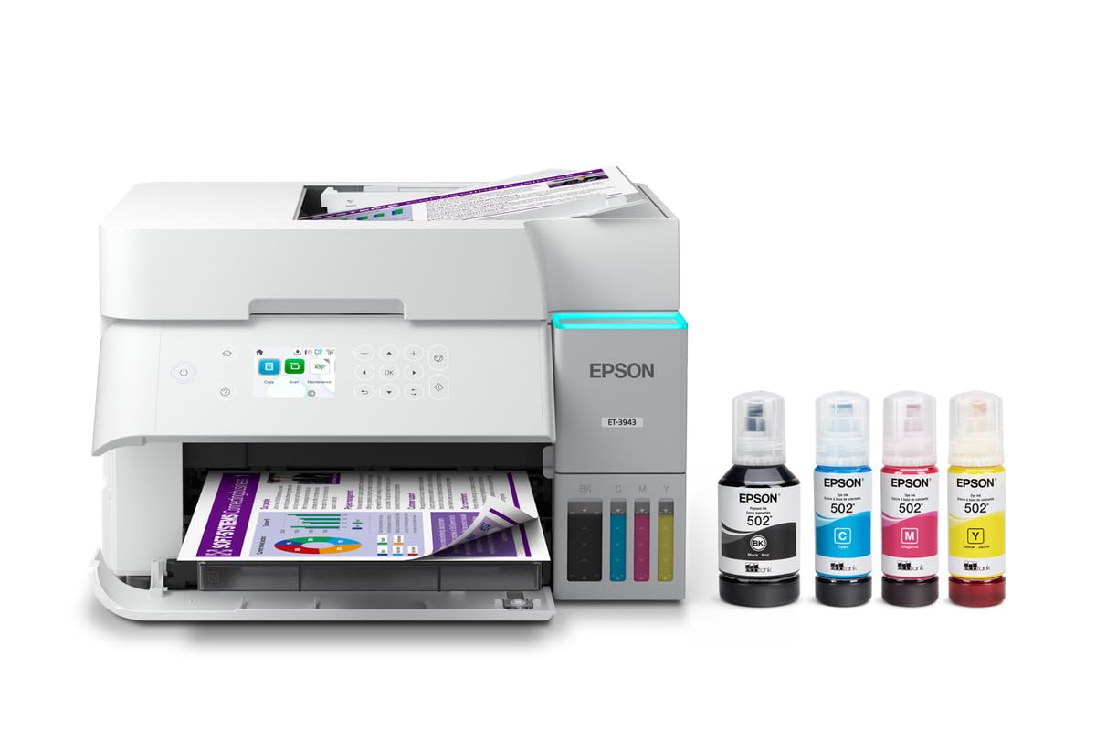 epson ecotank et-3943 wireless all-in-one color supertank printer, refillable tanks, 2.4" color display, auto document feeder, auto duplex print/copy, scan, 250-sheet paper tray – white