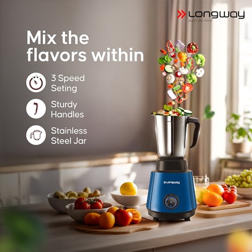 Image of Longway Super Pro Mixer Grinder with Kwid 1100W Dry Iron | Up to 700 Watt Powerful Motor | 2 Years Warranty (Blue & Black, 3 Jars Combo)