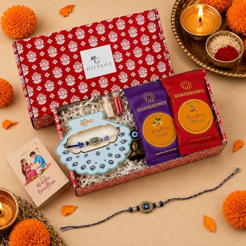 Image of Giftana Rakhi Gift Set for Brother with Evil Eye Rakhi, Guardian Bell Keychain, Greeting Card, Raksha Bandhan Gift Combo for Bhai & Bhaiya