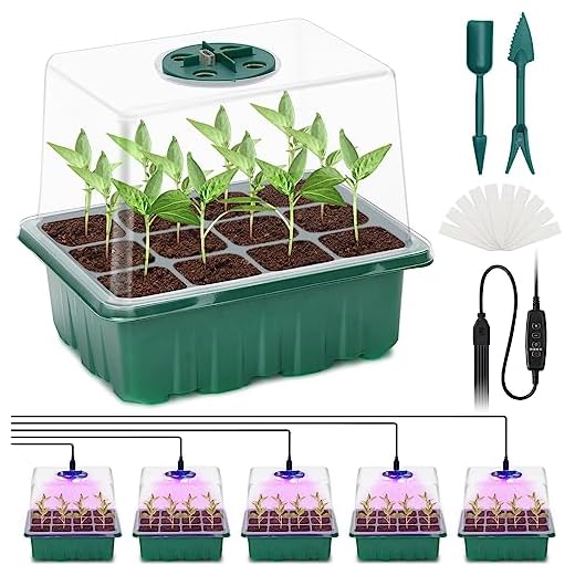Pflanzenlampe LED, Pflanzenlicht, Pflanzenleuchte 72W, Wachsen licht with 144 Leds, Wachstumslampe Vollspektrum Wachstumslampe für Zimmerpflanzen mit Zeitschaltuhr, Plant Lights Stufenloses Dimmen. 8 Zimmergewächshaus Anzuchtkasten, 5 Stück Mini Gewächshaus Anzucht Set mit erhöhten Deckel, Setzling Starter mit Pflanzenlichter mit vollem Spektrum, Tabletts Treibhaus Anzuchtschale für Pflanze