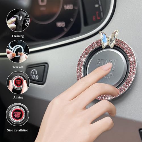 Image of DXNQ Bling Ring Emblem, Sparkling Butterfly Car Buttons and Knobs Ring, Girly Butterfly Diamond Car Engine Start Button Cover, Key Ignition Knob Rings Decoration for Women (Pink, Double Row)