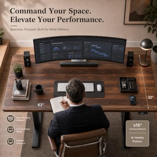 Image of Grandder 63x32 Large Electric Standing Desk, Height Adjustable Computer Desk with 2 Memory Presets, 31.5 inch Deep Desktop Sit Stand Desk Home Office Desk Workstation Table with Hooks, Walnut
