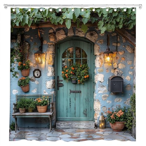 Italian Street Shower Curtain Rustic Garden Door Brick Wall Mediterranean Tuscan Renaissance City Courtyard Plant Spring Floral Bath Curtain Fabric Bathroom Accessories Decor with Hooks 90W x70L