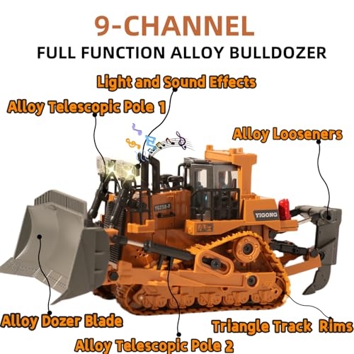 Image of 9-Channel RC Bulldozer with Lights and Sound,Construction Remote Control Bulldozer,Heavy Equipment Vehicles Dozer Toys for Adults Kids Boys Ages 3-12+ Christmas Birthday Gift 2026
