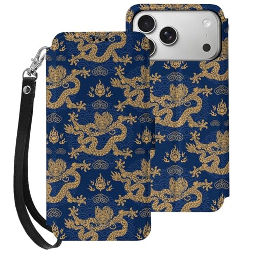 iPhone17 Pro Max用ケース 青 龍 ドラゴン柄 和柄 アイフォン17 Pro Max用ケース 手帳型 財布型 PUレザー おしゃれ スマホケース カード収納 スタンド機能 ワイヤレス充電対応 兼用ケース 贈り物