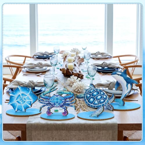 Image of Threehoney 10 Pcs Ocean Wood Table Sign Under The Sea Wooden Beach Table Decor Sea Animal Coastal Beach Centerpiece Nautical Block Summer Decoration for Home Party Supplies(Coastal Style)