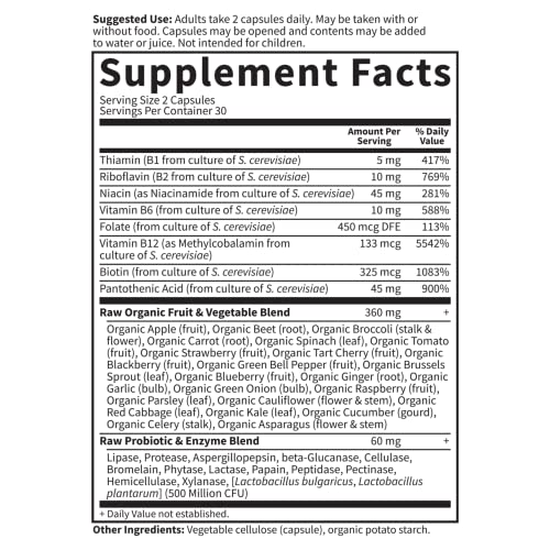 Garden Of Life Raw B Complex - Vitamin Code - 60 Vegan Capsules, High Potency Vitamins For Energy & Metabolism With B2 Riboflavin, B1, B3, B6, Folate, B12 As Methylcobalamin & Biotin Plus Probiotics #TOP4