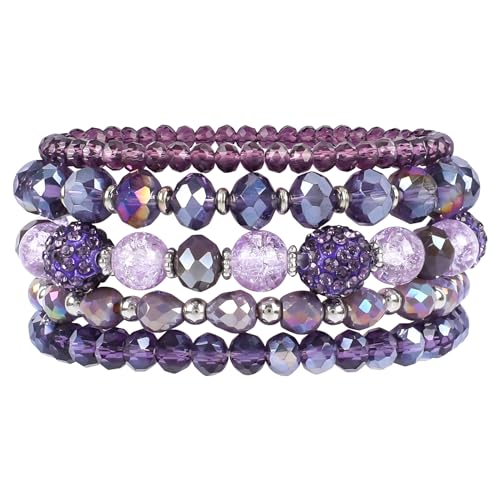 Bohemian Beaded Bracelets for Women Stackable Glass Beads Stretch Bracelets Boho Multilayered Disco Ball Faceted Crystal Beads Bracelet Set Handmade Trendy Jewelry Gift for Women