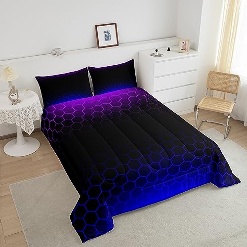 Image of Honeycomb Bedding Set Full Size, Purple Blue Ombre Comforter Geometrics Hexagon Comforter Set for Kids Boys Girls Beehive Hexagon Duvet Set Breathable Room Decor Microfiber Bed Set