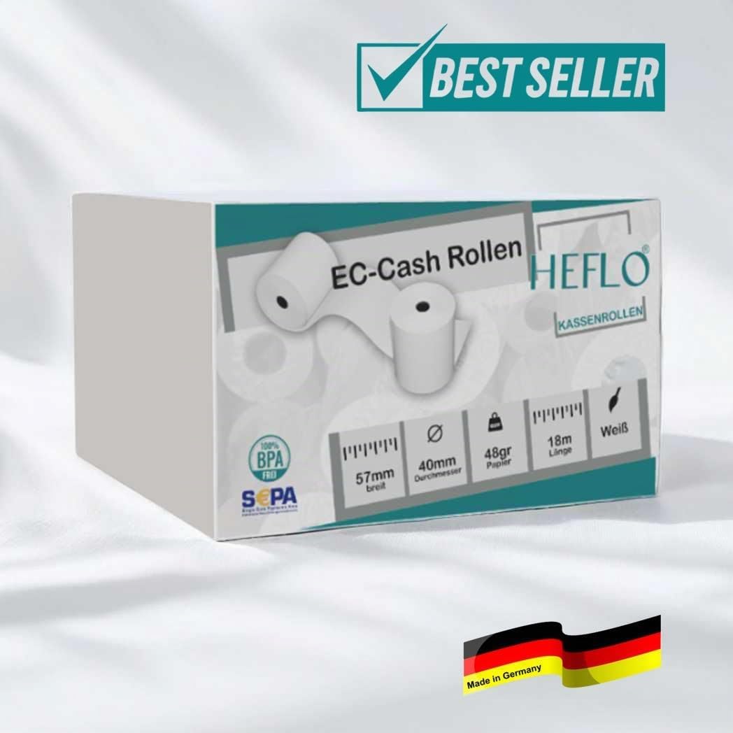 HEFLO Kassenrollen 57mm x 40mm x 12mm Kern, 18m, Ø 39mm, SEPA-Text, BPA-frei – Thermorollen für EC-Cash-Geräte, FSC Mix, Rote Endmarkierung, 100 Stück