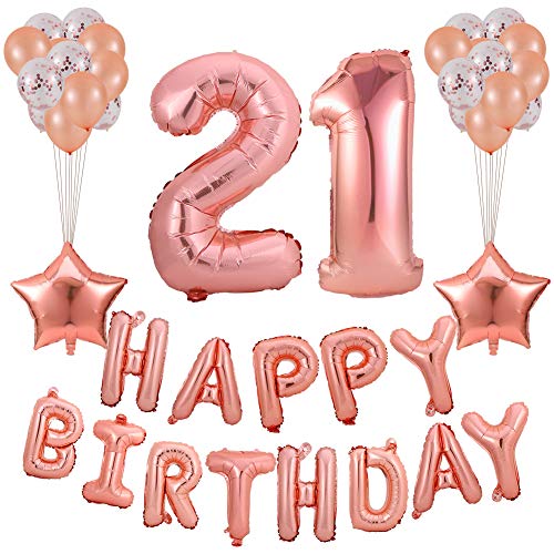 Opopark Palloncini Compleanno per 21 Anni Decorazioni di Compleanno Articoli per Feste per Donna, Happy Birthday Palloncini in Latice Stampati Oro Rosa