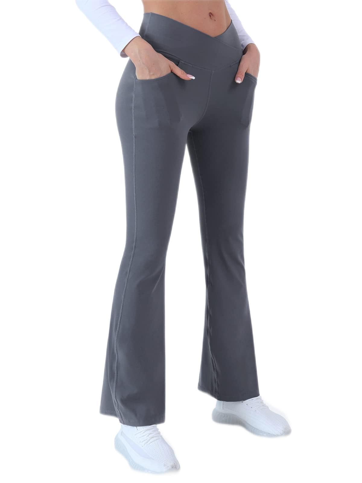 Cicendy Women Flare Leggings with Side Pockets,Crossover Yoga Pants Bootleg High Waisted Stretchy Control Gym Workout Pants