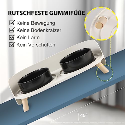 Katzen Napfset Katzennapf Erhöht Keramik - Doppelt Katzennäpfe mit Rutschfestem Ständer und Spritzschutz - Fressnapf Katze Napf - Futternapf Wassernapf Set für Katzen Welpen Kleine Hunde - 2 x 480 ML