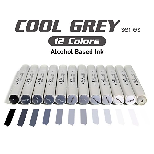 Dual Tip Grayscale Markers Pens - Permanent Sketch Cool Grey Tones Art Paints Pen for Illustration, Drawing, Outlining, Shading, Design, Rendering - Set of 12 Colors Includes Colorless Blender