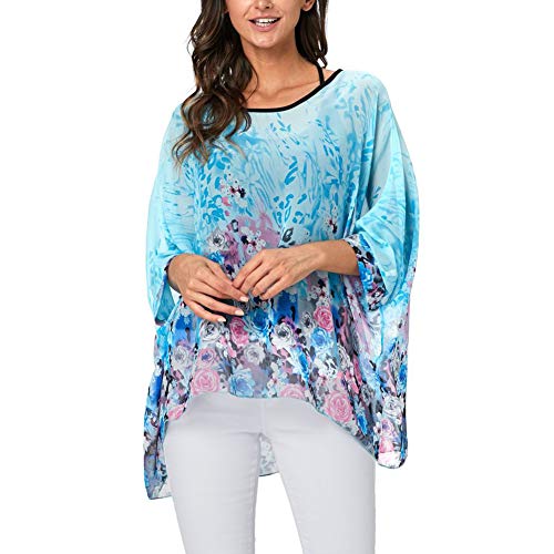 Image of Ckikiou Plus Size Batwing Flowy Semi Sheer Chiffon Blouse Tunic for Women Summer Floral Print Boho Beach Cover ups