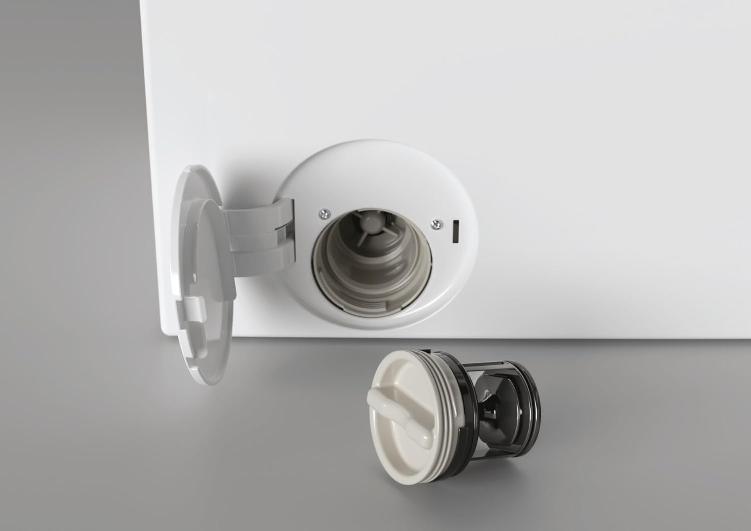 Close-up of the drain filter being removed from the washing machine