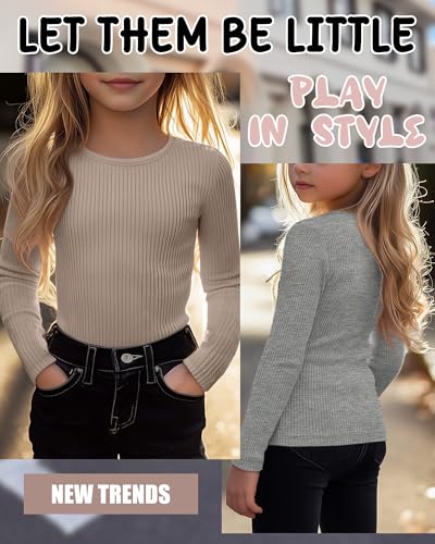Image of 4 Pack Girls Long Sleeve Shirts Ribbed Knit Cotton Crewneck Tops Slim Fit Soft Casual Kids Base Layer Undershirts