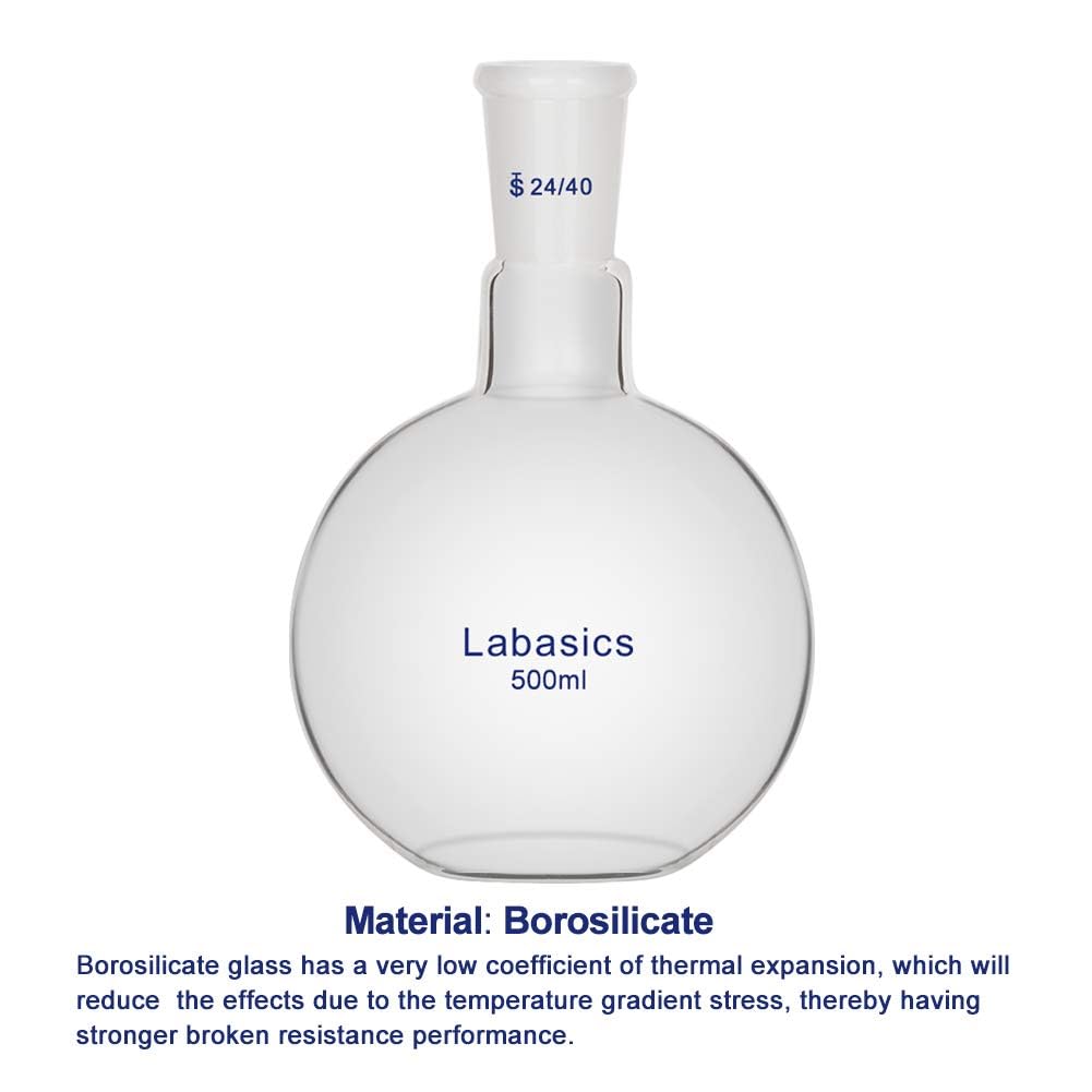 Labasics Bundle-2 Items: 500ml Glass Single Neck Flat Bottom Boiling Flask and 1-Pack Glass Hex Head Hollow Glass Stopper