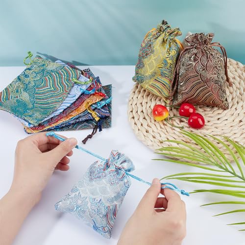Bolsas de joyería para regalos con bordado de ondas y texturas de seda oriental 4