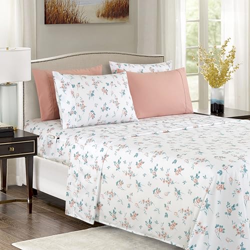 Elegant Comfort Softest and Coziest 6-Piece Sheet Set - 1500 Premium Hotel Quality Microfiber - Deep Pocket, Wrinkle Resistant 6-Piece Floral Bed Sheet Set, Full, Celia Pink