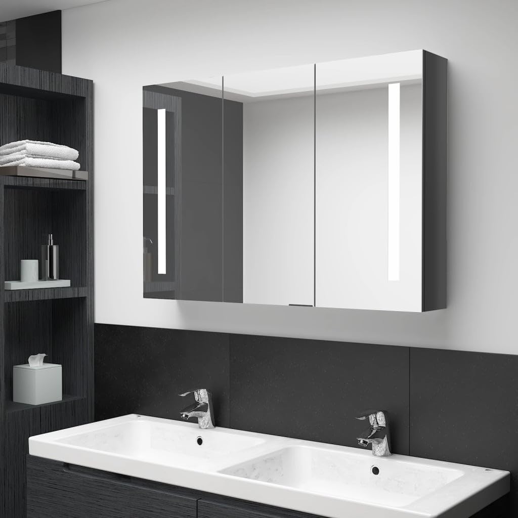 vidaXL LED Bathroom Mirror Cabinet with Energy Efficient Lighting, MDF Melamine Finish, Ample Storage,Shining Gray, 35
