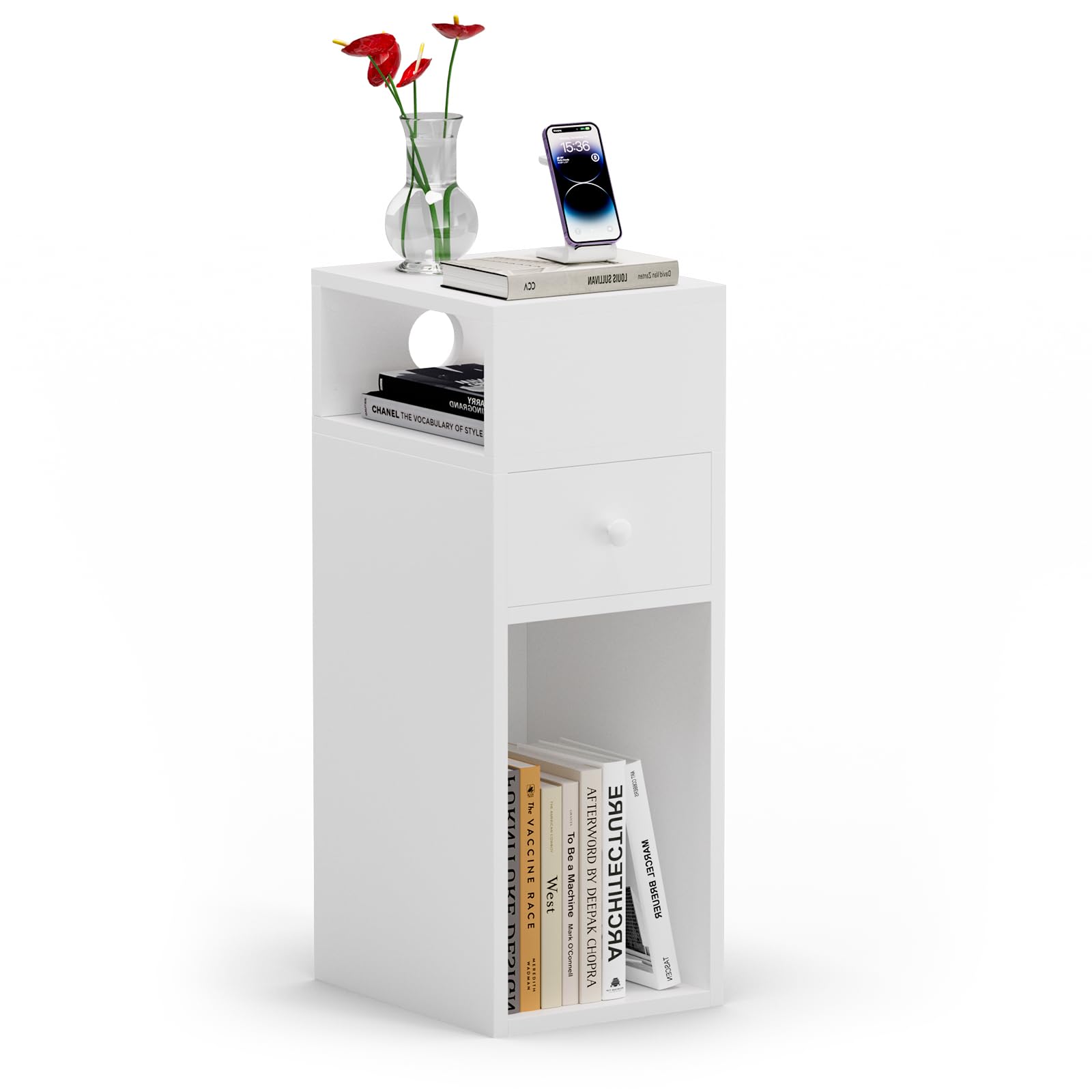 VOUNOTยฎ Slim Bedside Table, Narrow Wood Bedside Cabinet with Drawer and Open Shelf, Small Bedside Unit, Thin Nightstand for Bedroom, Living Room, White