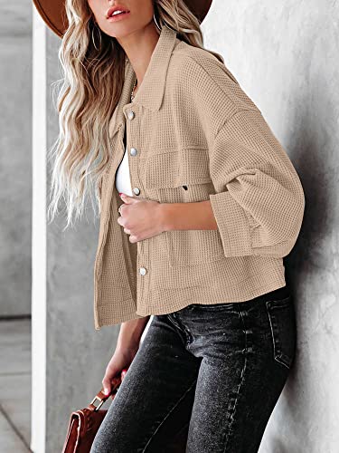 BZB Womens Waffle Knit Shacket Jackets Lightweight Cropped Shacket Long Sleeve Button Down Shirts4