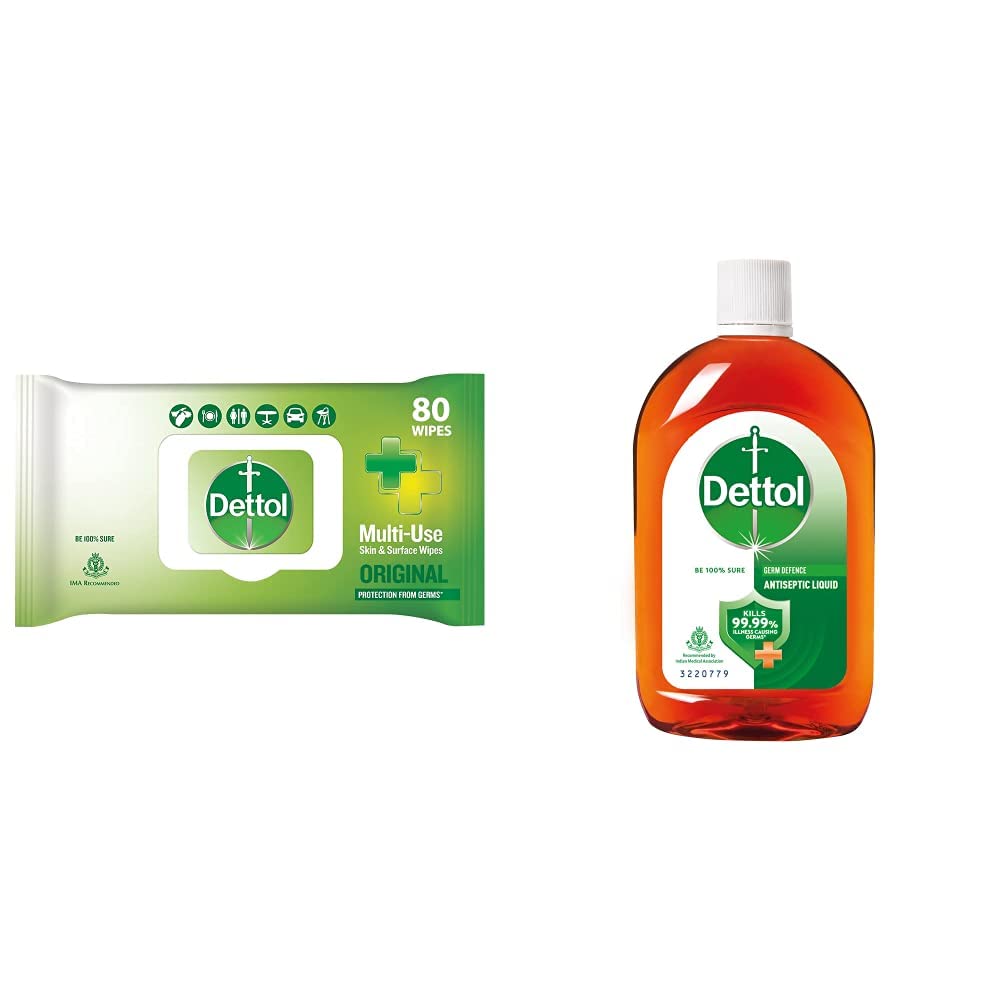 Disinfectant Sanitizer Wet Wipes for Skin & Surfaces, Original – 80 Count & Dettol Antiseptic Liquid for First Aid, Surface Disinfection and Personal Hygiene, 250ml