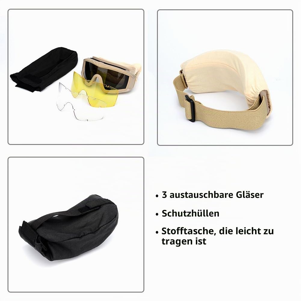 Taktische Airsoft-Schutzbrille für Outdoor-Sport, Militär, mit 3 austauschbaren Gläsern, schlagfest, Jagdbrille, UV400-Schutz, Schießbrille für Männer und Frauen, Motorrad, Reiten, Wargame, Paintball | UV400-Schutz, Anti-Beschlag-Schutzbrille, ANSI Z87.1,