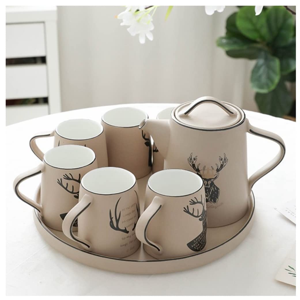 DANNMPX Tea Set 8 Pieces Tea Cup Set Nordic Ceramic With Round Tray Teaware Coffee Pot Teapot And Cups(B)