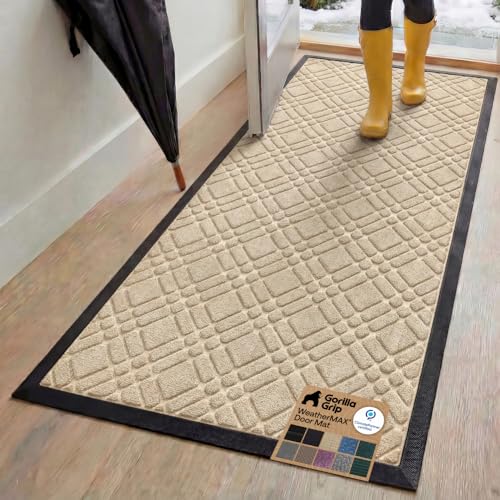 GORILLA GRIP 100% Waterproof All-Season WeatherMAX Doormat, 72x24, US Designed Natural Rubber, Stain and Fade Resistant, Low Profile Indoor Outdoor Door Mats, Easy Clean Patio Mat, Modern Latte