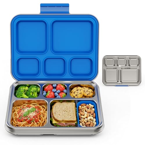 Pawtong Stainless Steel Lunch Box, 5-Compartment Bento Lunch Box for Kids & Adults,Metal Lunch Box with Removable Silicone Container, Lunch Box Containers for School,Office (Blue)