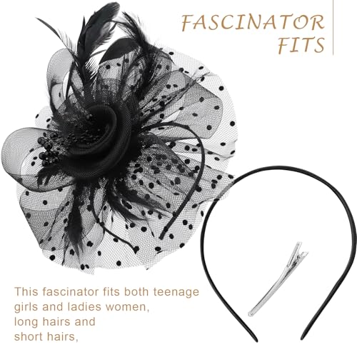 Image of DRESHOW 1920s Vintage Fascinators Hat for Women Veil Mesh Tea Party Derby Hat Bow Satin Gloves Pearl Jewelry Set for Cocktail