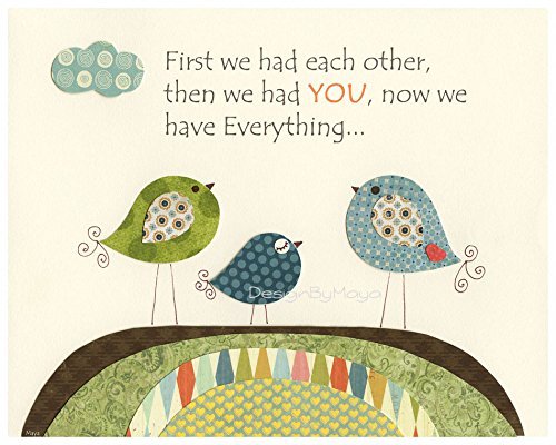 Kids Room Nursery wall art Decor Children Art print Play room Nursery wall art print, Baby Room Decor, Birds, First we had each other, Birds Orange Green Tan Navy Blue.