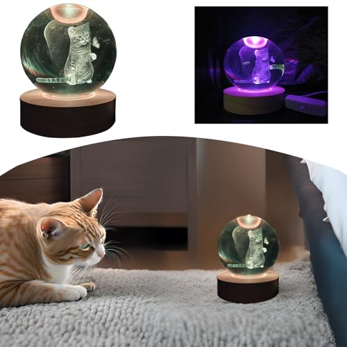 Image of 3D Crystal Ball 3.15 inch / Wooden USB Switch Base with LED Gradient Color Lights /Cat Lover Gift Women's 3D Crystal Ball Theme Gift,Christmas