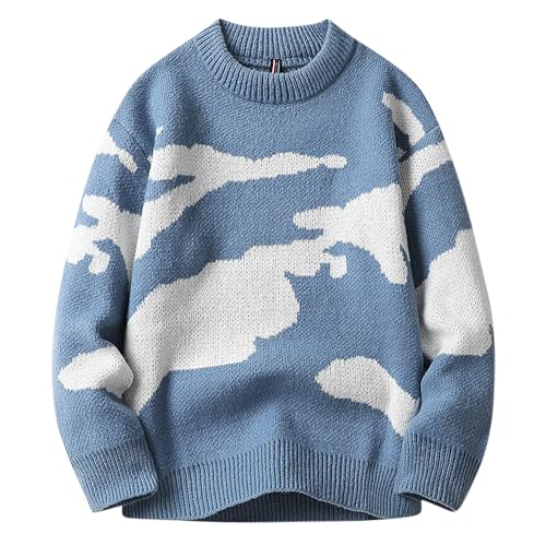 Cambkatl Men's Cloud Graphic Loose Crewneck Sweaters, Casual Long Sleeve Pullover Knit Sweaters Thermal Tops
