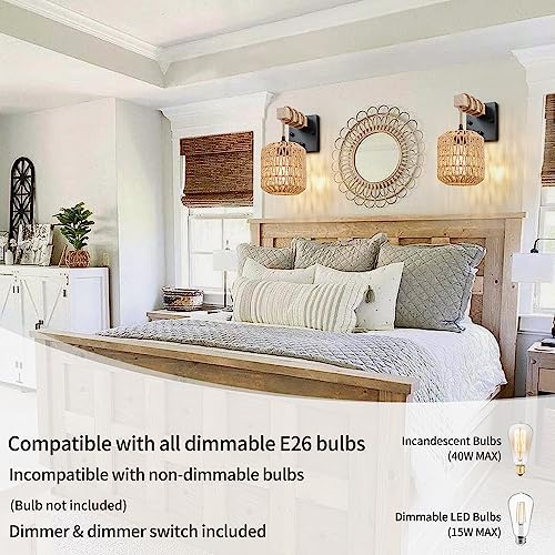 Image of Rattan Boho Wall Sconces Set of Two, Hardwired Hand-Woven Farmhouse Wall Lamps with Wooden Arm & On /Off Dimmable Switch,Large Rustic Indoor Wall Mount Light Fixtures for Bedroom Nursery Bathroom