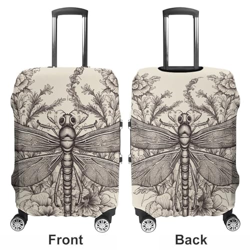 Hand Drawn Floral Dragonfly Elastic Luggage Cover Suitcase Protector for 19-32 Inch Suitcases | Universal Stretchable Travel Bag Cover | Anti-Scratch, Washable with Zipper Closure XL3