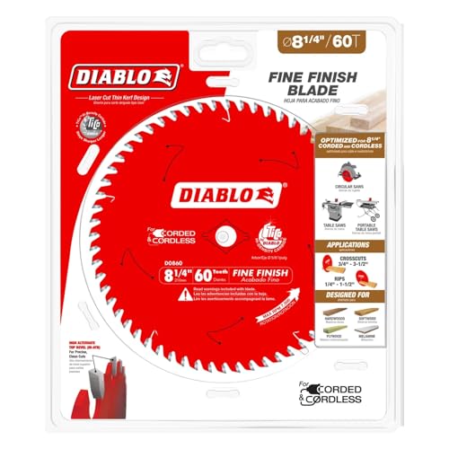Image of Diablo Fine Finish Saw Blade with Tico Hi-Density Carbide and Perma-Shield - Ideal for Wood, Plywood and Melamine - 8-1 /4 in Diameter, 60 ATB Teeth - D0860X