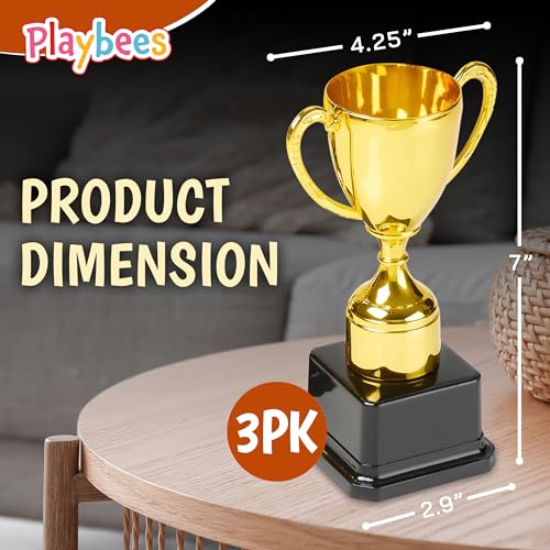 playbees fun gold plastic trophies - 3 pack - 7 inch - award trophy cup set for superstar kids - champion celebrations sports galore and victory vibes - desktop toy