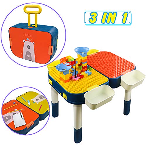 jerryvon Bureau Enfant Table Chaise Enfant Briques de Construction Valise 3 in 1 Jeux de Construction Ensemble de Brique Table Multi-activités Cadeaux pour Enfant Fille Garçon 3 4 5 Ans